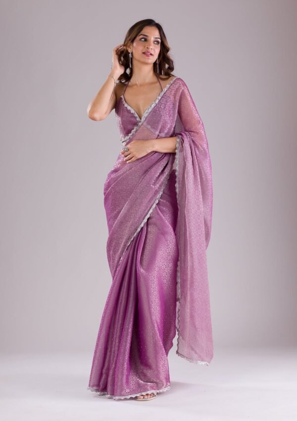 Elegant Lavender Stonework Organza Saree - Image 5