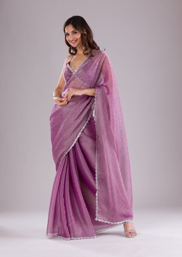 Elegant Lavender Stonework Organza Saree - Image 3