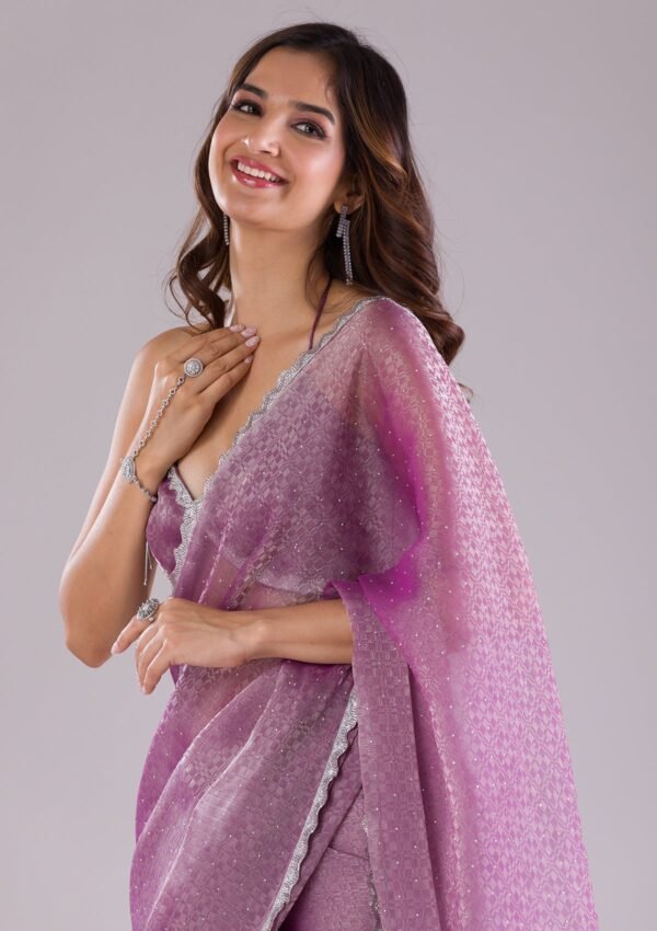 Elegant Lavender Stonework Organza Saree - Image 6