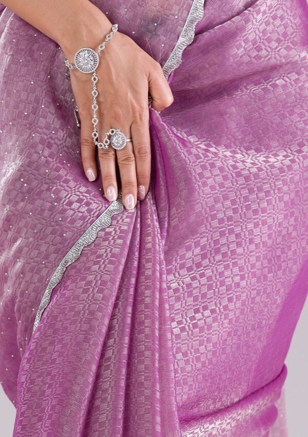 Elegant Lavender Stonework Organza Saree - Image 7