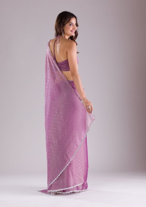 Elegant Lavender Stonework Organza Saree - Image 2