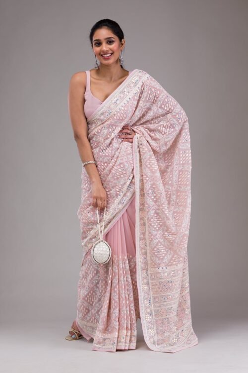 Elegant Lavender Georgette Saree with Intricate Threadwork