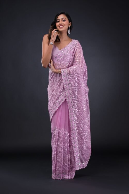 Elegant Lavender Threadwork Net Saree for a Timeless Look