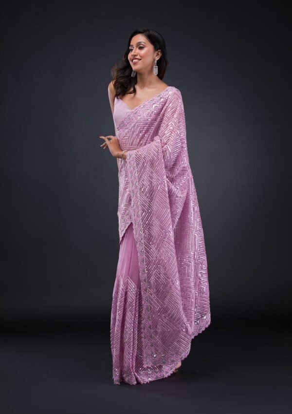 Enchanting Lavender Net Saree with Delicate Threadwork - Image 3