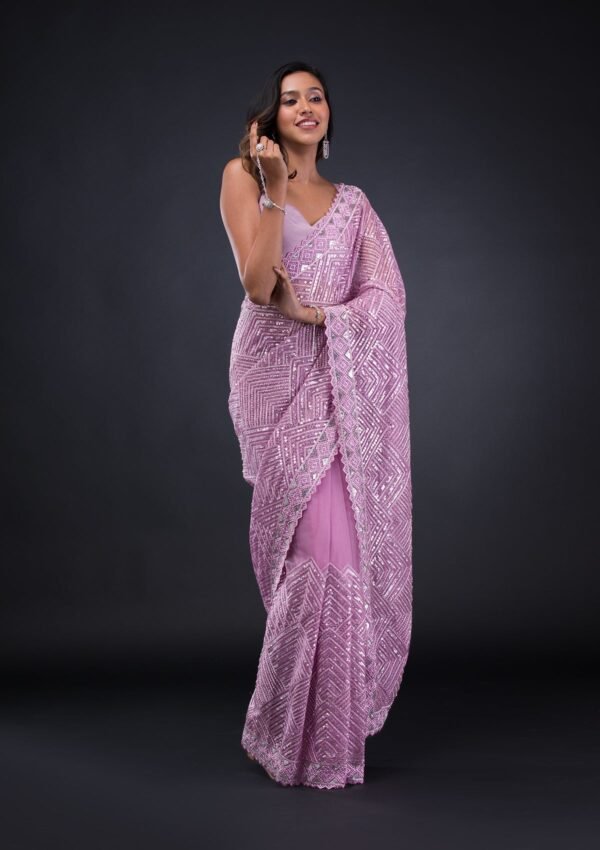 Enchanting Lavender Net Saree with Delicate Threadwork - Image 4