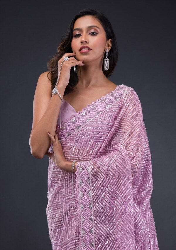 Enchanting Lavender Net Saree with Delicate Threadwork - Image 6