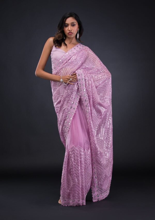 Enchanting Lavender Net Saree with Delicate Threadwork - Image 5