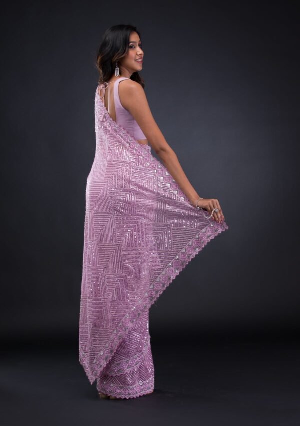 Enchanting Lavender Net Saree with Delicate Threadwork - Image 2