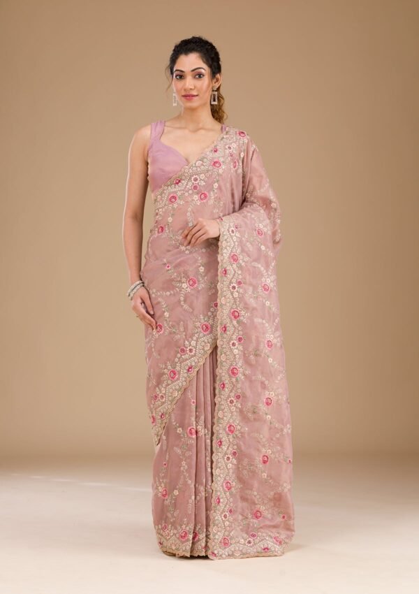 Elegant Lavender Threadwork Tissue Saree for Timeless Style - Image 4