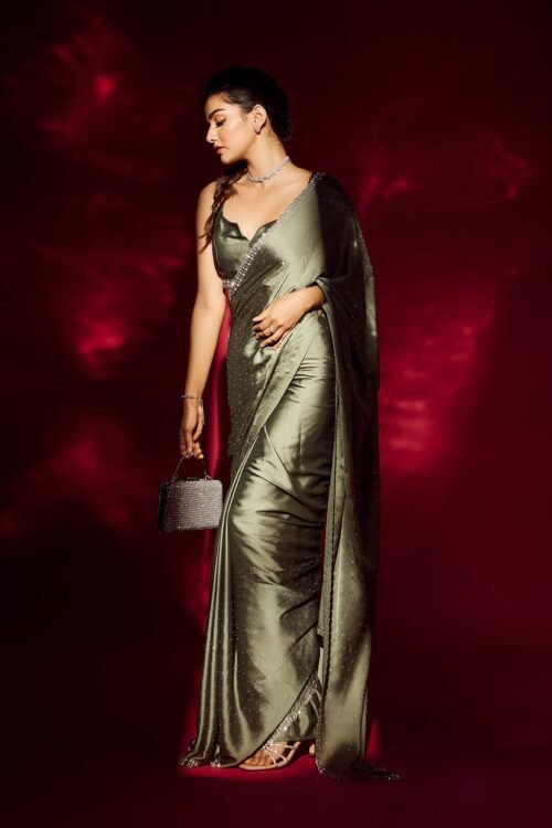 Elegant Leaf Green Satin Designer Saree with Exquisite Stonework