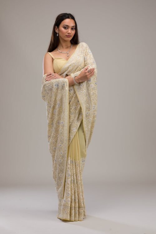 Vibrant Lemon Yellow Threadwork Tissue Saree for a Stunning Look