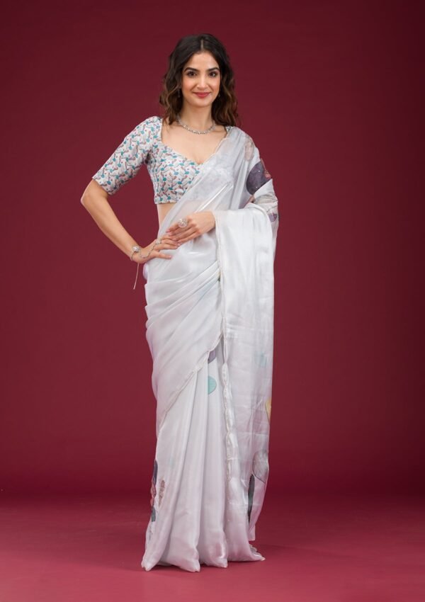 Elegant Light Grey Printed Tissue Saree for Effortless Style - Image 3