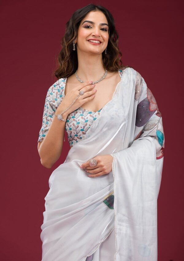 Elegant Light Grey Printed Tissue Saree for Effortless Style - Image 6