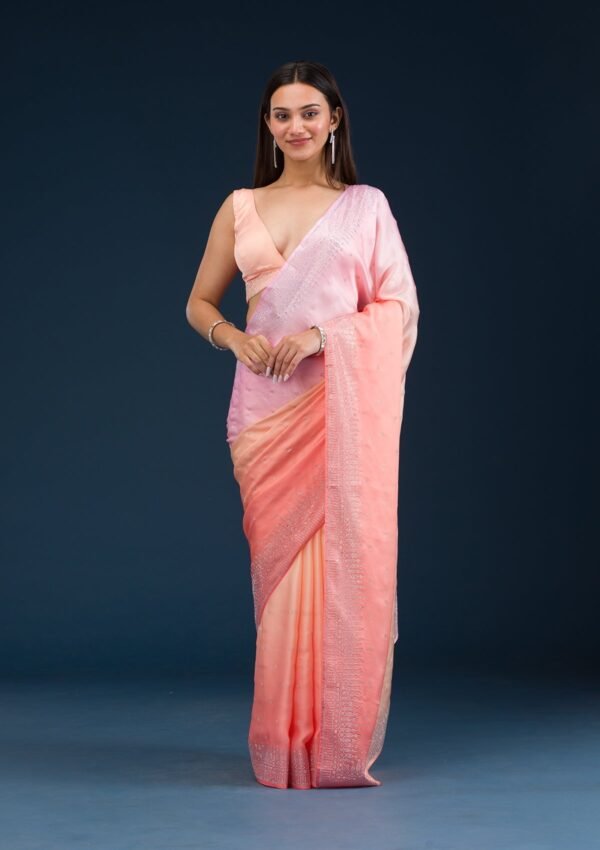 Charming Light Orange Stonework Satin Saree for Elegant Occasions - Image 4