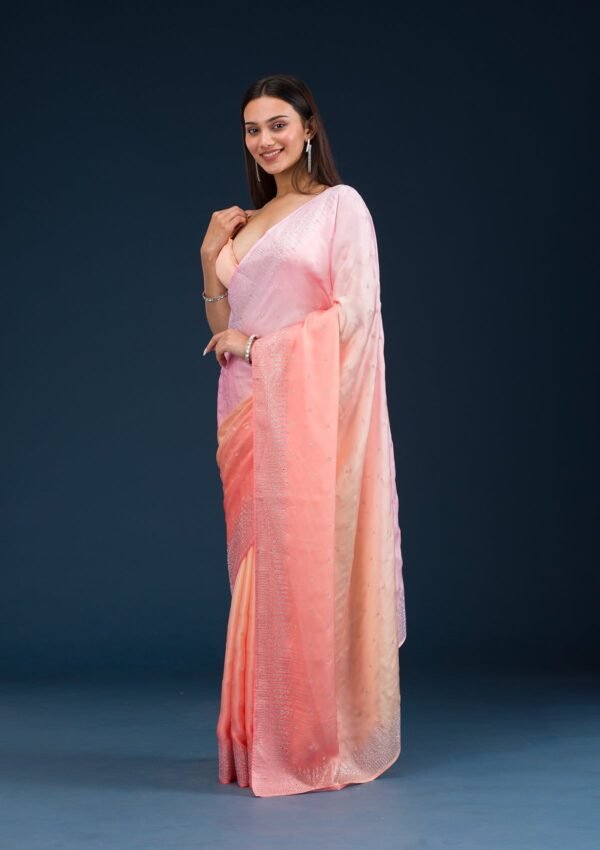 Charming Light Orange Stonework Satin Saree for Elegant Occasions - Image 5