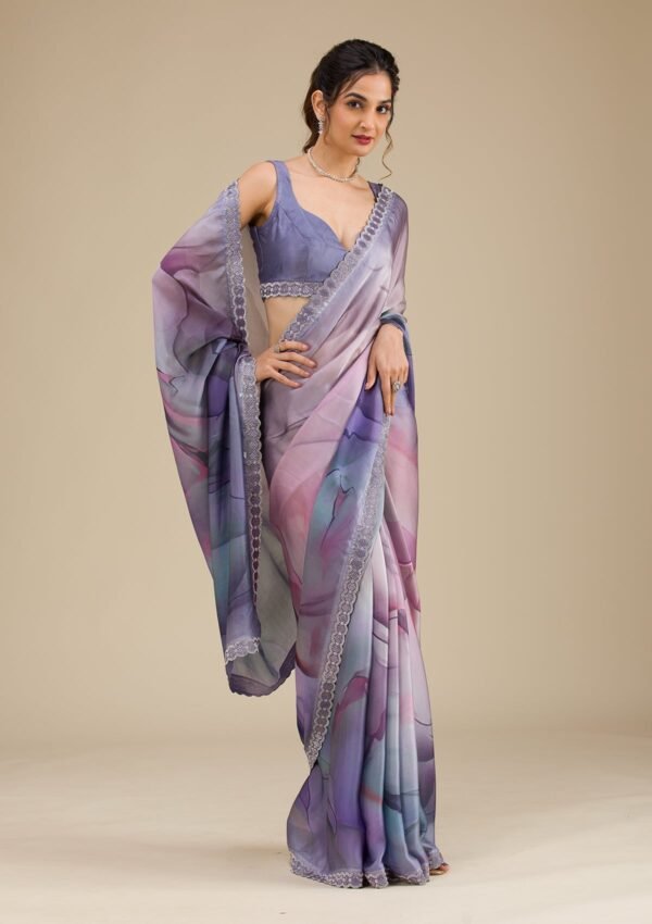 Elegant Grey Satin Saree with Captivating Prints - Image 5
