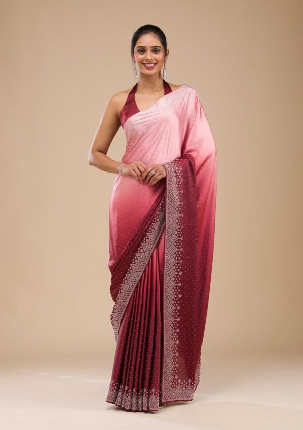 Elegant Maroon Satin Saree with Intricate Stonework - Image 3