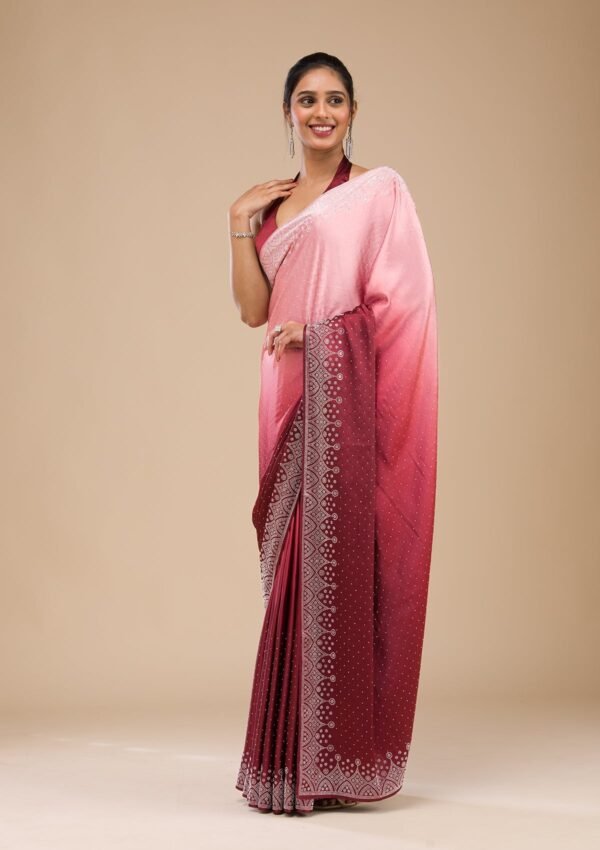Elegant Maroon Satin Saree with Intricate Stonework - Image 4