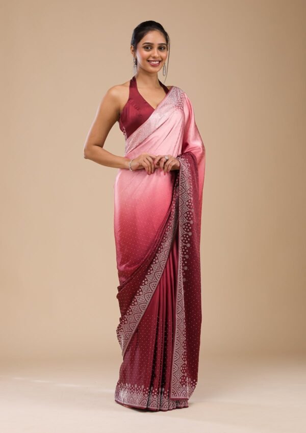 Elegant Maroon Satin Saree with Exquisite Stonework - Image 5