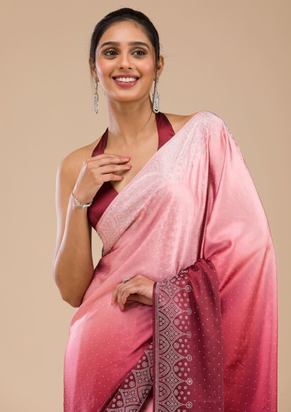 Elegant Maroon Satin Saree with Exquisite Stonework - Image 6