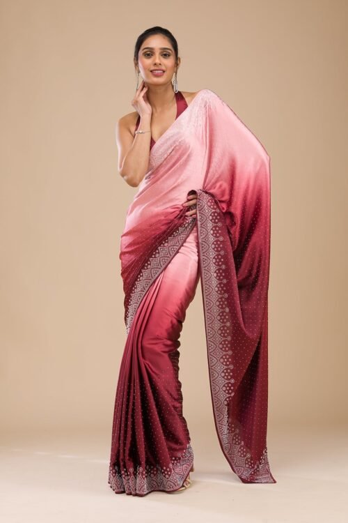 Elegant Maroon Satin Saree with Exquisite Stonework