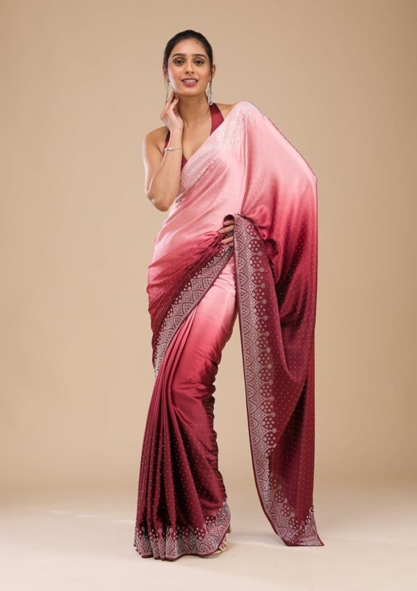 Elegant Maroon Satin Saree with Intricate Stonework