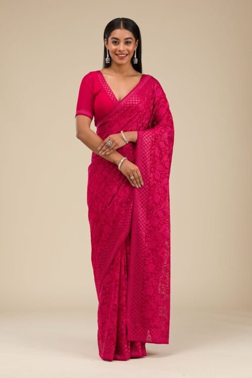 Elegant Maroon Georgette Saree with Intricate Threadwork