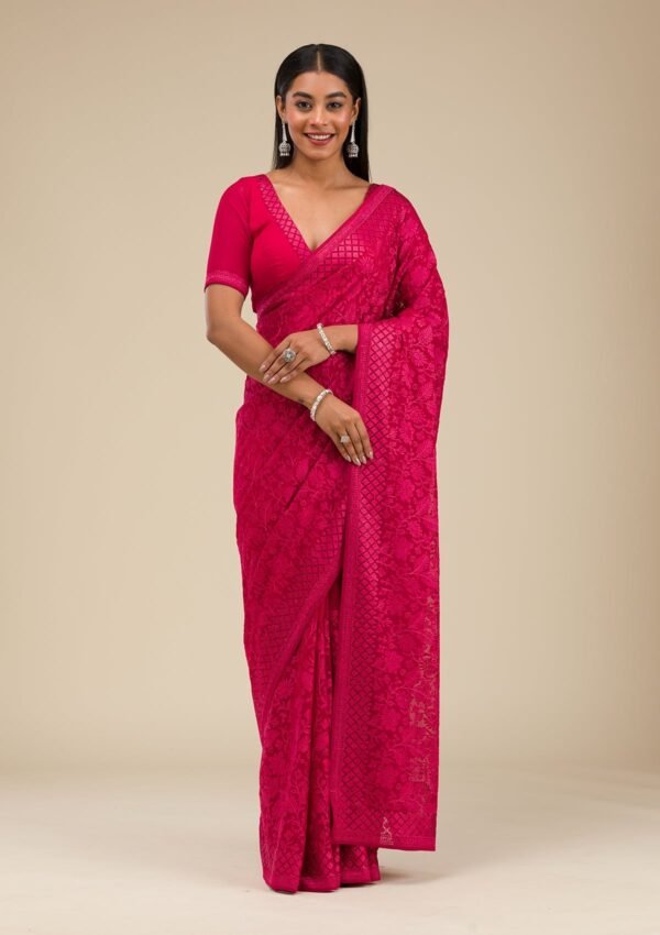 Elegant Maroon Georgette Saree with Intricate Threadwork