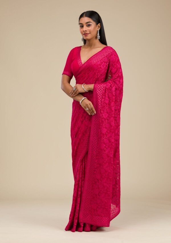 Elegant Maroon Georgette Saree with Intricate Threadwork - Image 3