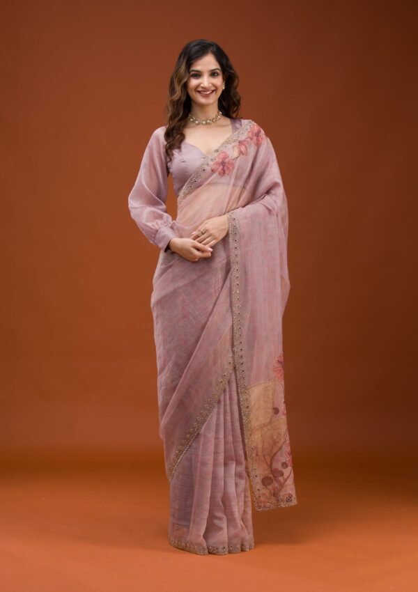 Elegant Mauve Printed Tissue Saree for a Chic Look - Image 3