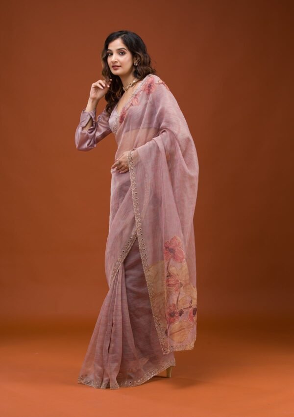 Elegant Mauve Printed Tissue Saree for a Chic Look - Image 4