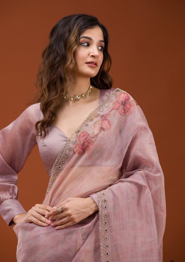 Elegant Mauve Printed Tissue Saree for a Chic Look - Image 6