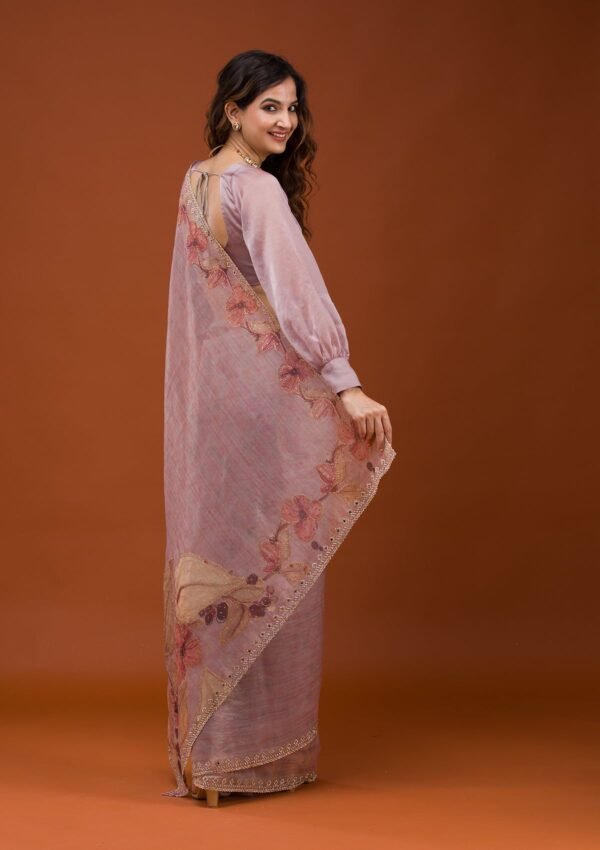 Elegant Mauve Printed Tissue Saree for a Chic Look - Image 2