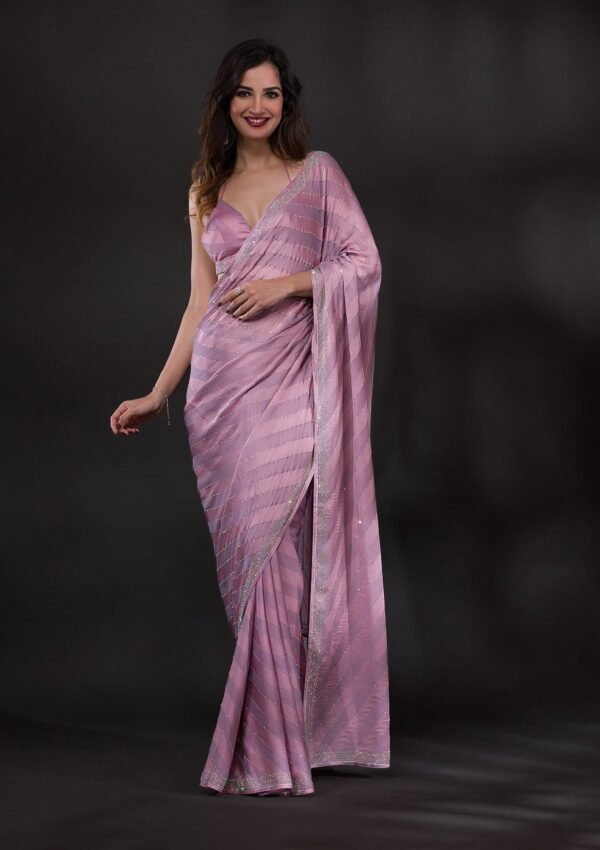 Elegant Mauve Swarovski-Embellished Satin Designer Saree - Image 5