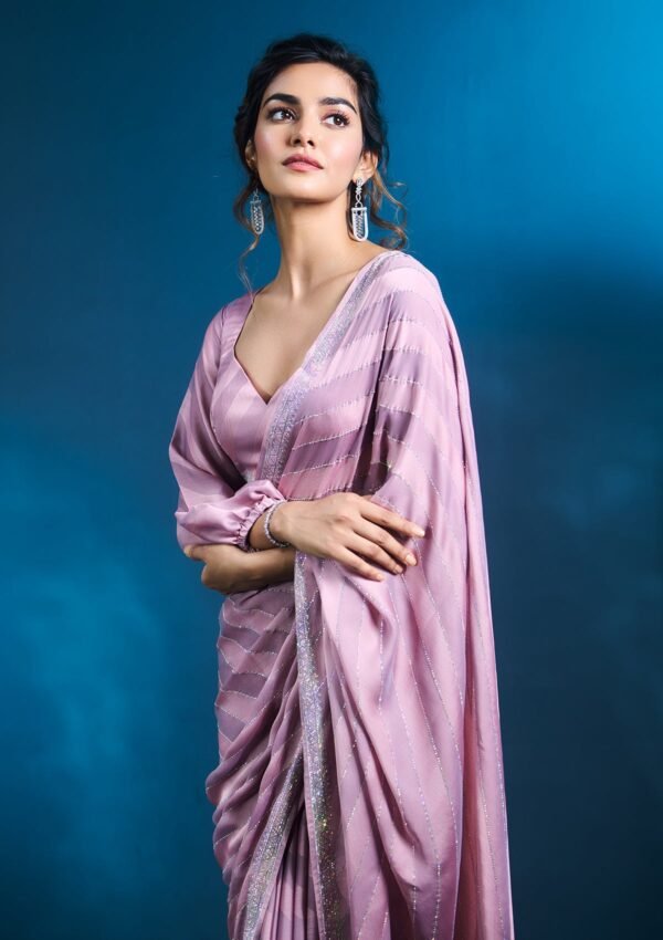 Elegant Mauve Swarovski-Embellished Satin Designer Saree - Image 2
