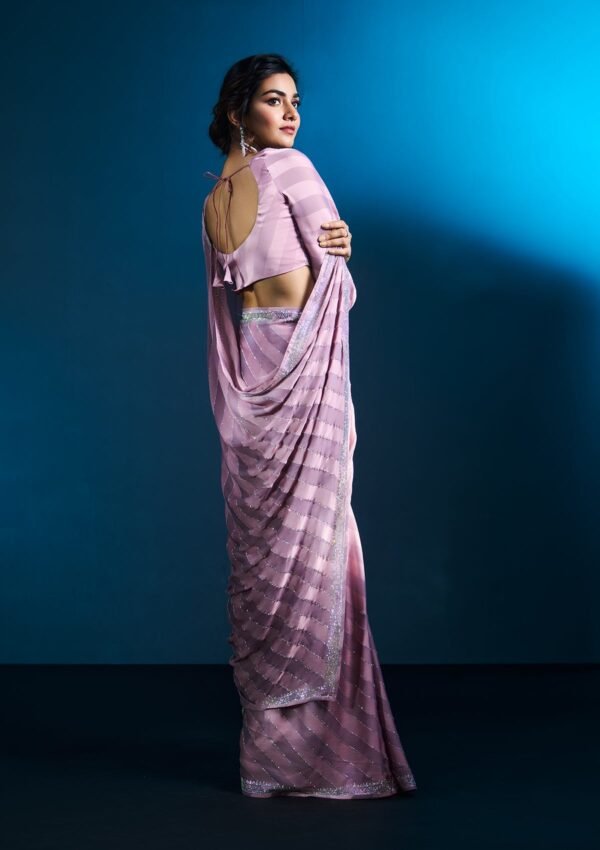 Elegant Mauve Swarovski-Embellished Satin Designer Saree - Image 8