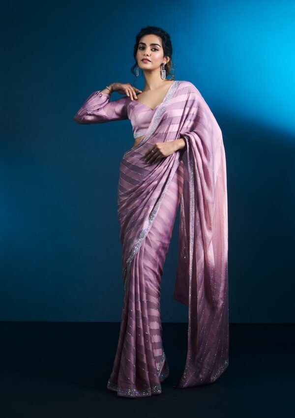 Elegant Mauve Swarovski-Embellished Satin Designer Saree - Image 7