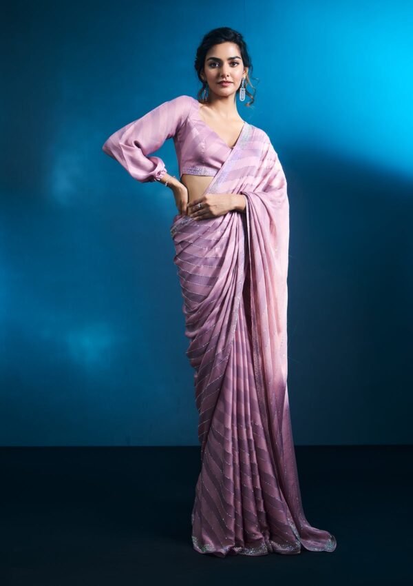 Elegant Mauve Swarovski-Embellished Satin Designer Saree - Image 6