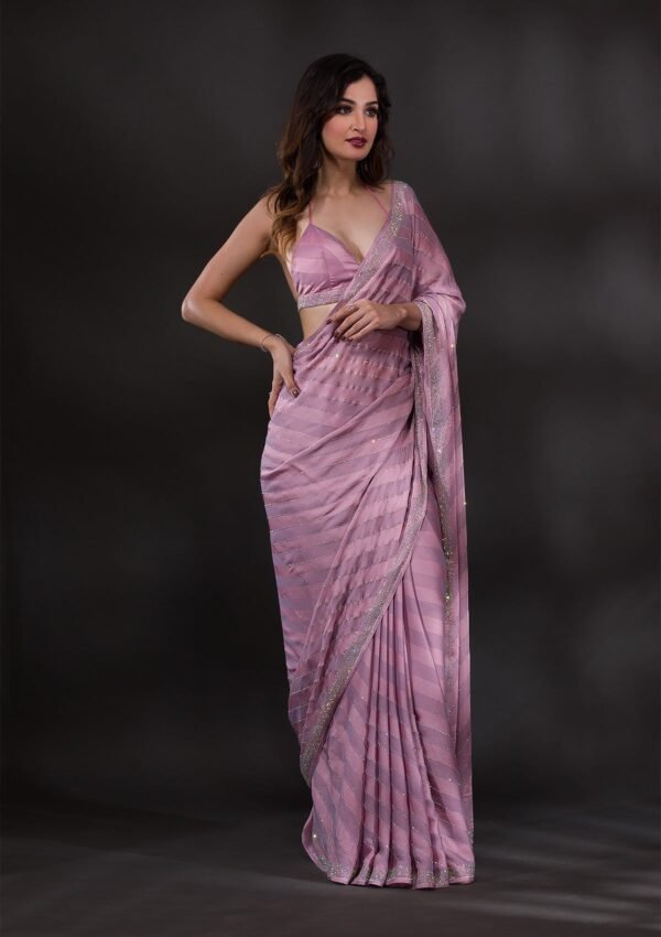Elegant Mauve Swarovski-Embellished Satin Designer Saree - Image 4