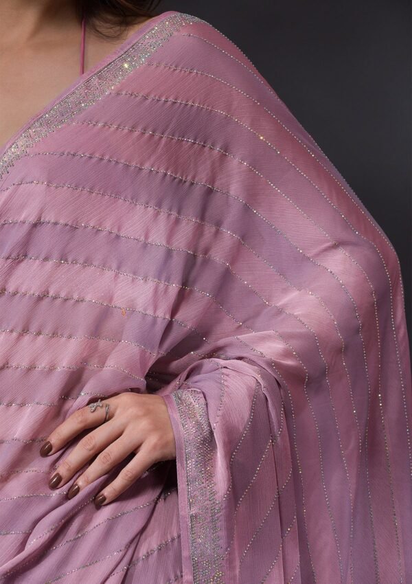 Elegant Mauve Swarovski-Embellished Satin Designer Saree - Image 9