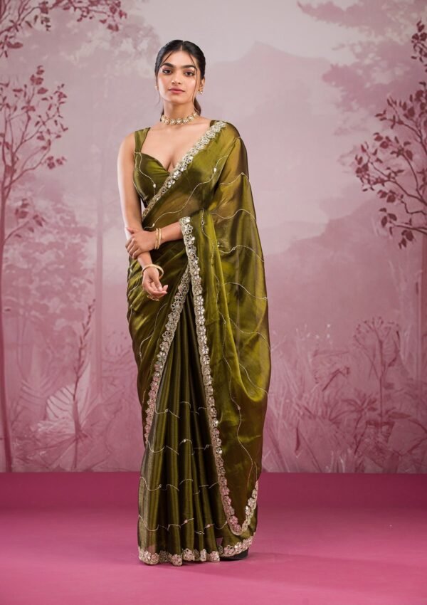 Exquisite Mehendi Mirrorwork Tissue Saree for a Stunning Look - Image 4