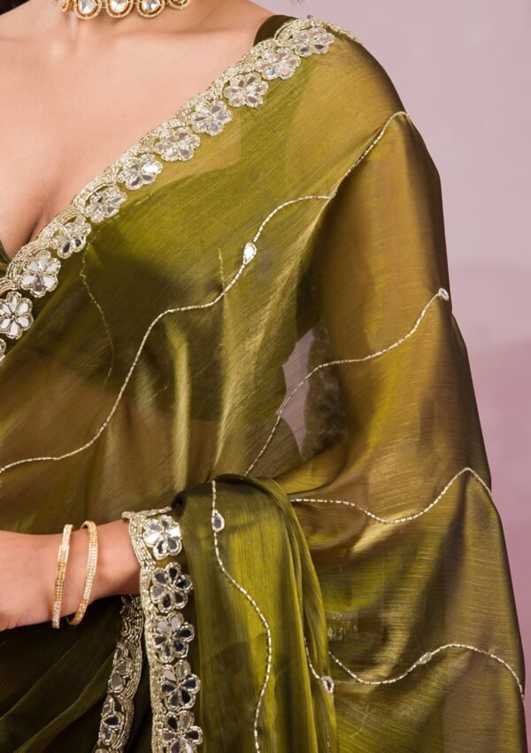 Exquisite Mehendi Mirrorwork Tissue Saree for a Stunning Look - Image 7