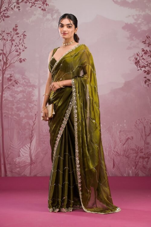 Exquisite Mehendi Mirrorwork Tissue Saree for a Stunning Look