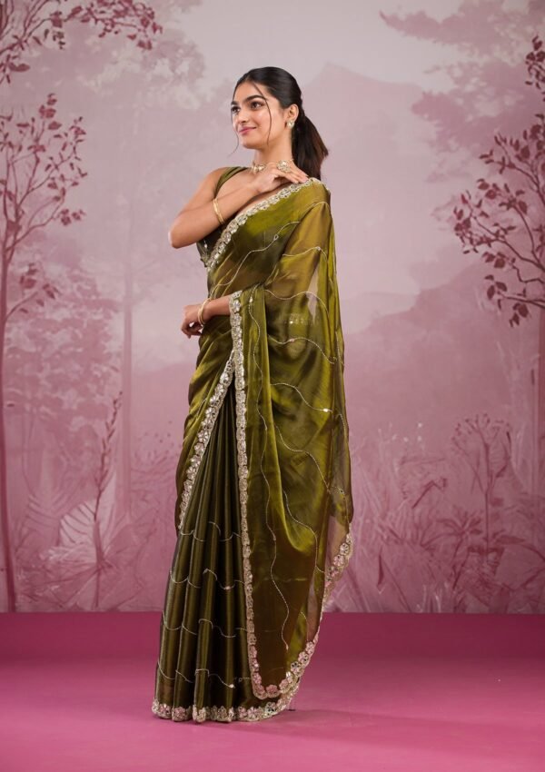 Exquisite Mehendi Mirrorwork Tissue Saree for a Stunning Look - Image 5