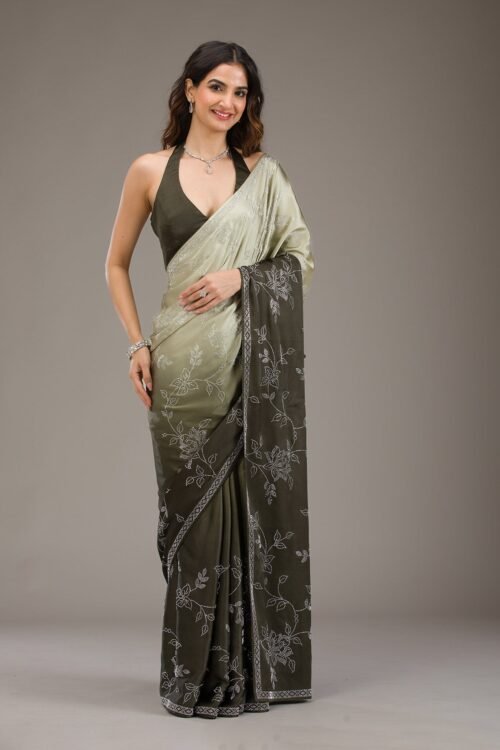 Elegant Satin Saree with Exquisite Mehendi Stonework