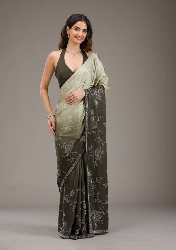 Elegantly Designed Satin Saree with Mehendi Stonework
