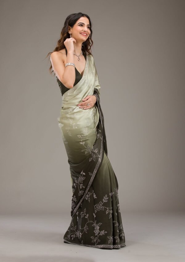 Elegantly Designed Satin Saree with Mehendi Stonework - Image 3