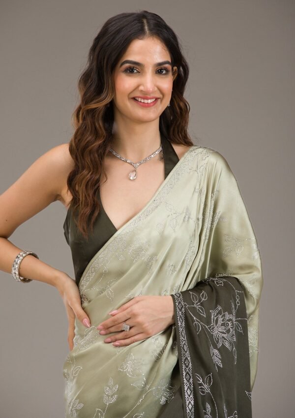 Elegantly Designed Satin Saree with Mehendi Stonework - Image 6