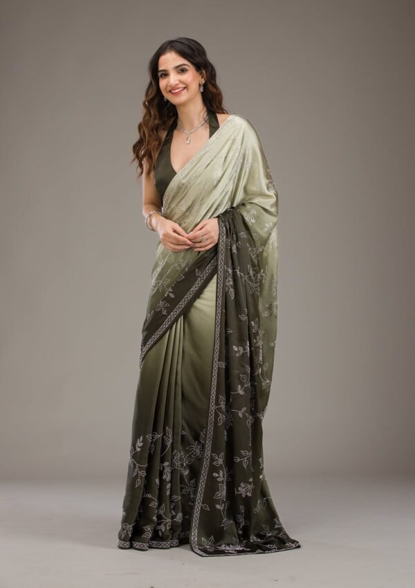 Elegant Satin Saree with Exquisite Mehendi Stonework - Image 4