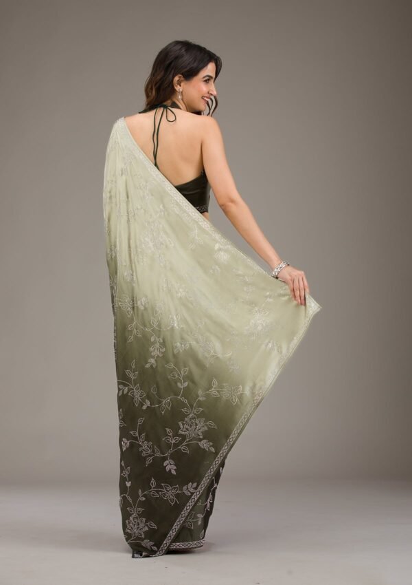 Elegantly Designed Satin Saree with Mehendi Stonework - Image 2